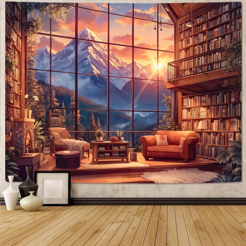 Accnicc Forest Mountain Library Tapestry Fantasy Bookshelf Tapestries Wall Hanging Watercolor Nature Fairy Sunset Library Backdrop Large Tapestry for Bedroom Living Room Dorm Classroom 80 x 60 inch - Image 1