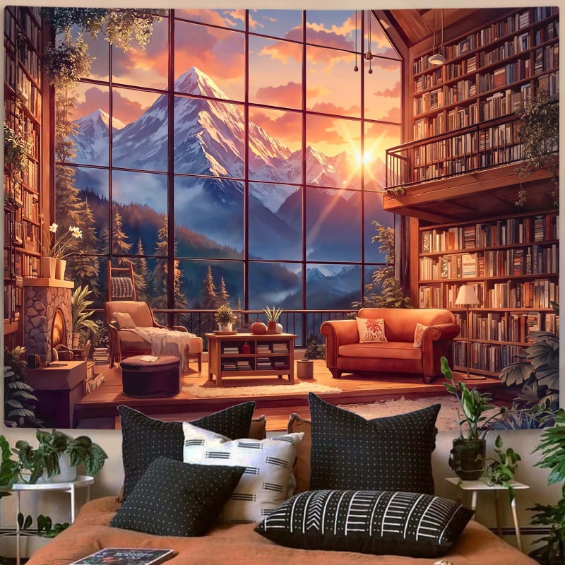 Accnicc Forest Mountain Library Tapestry Fantasy Bookshelf Tapestries Wall Hanging Watercolor Nature Fairy Sunset Library Backdrop Large Tapestry for Bedroom Living Room Dorm Classroom 80 x 60 inch - Image 5