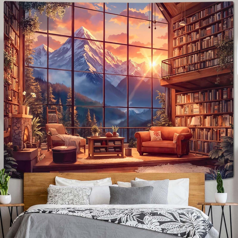 Accnicc Forest Mountain Library Tapestry Fantasy Bookshelf Tapestries Wall Hanging Watercolor Nature Fairy Sunset Library Backdrop Large Tapestry for Bedroom Living Room Dorm Classroom 80 x 60 inch - Image 2