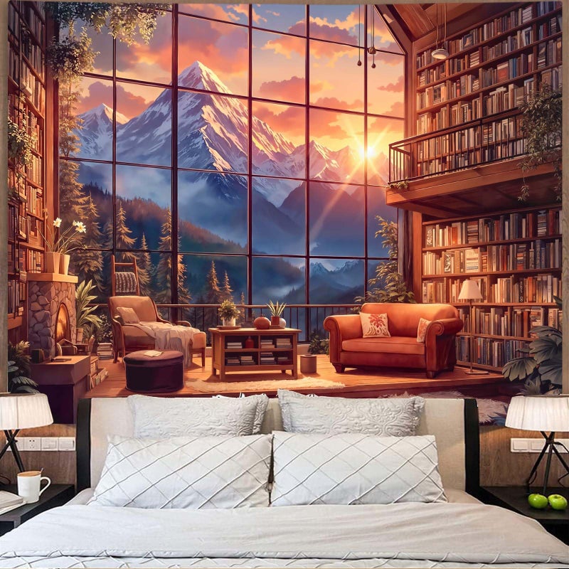 Accnicc Forest Mountain Library Tapestry Fantasy Bookshelf Tapestries Wall Hanging Watercolor Nature Fairy Sunset Library Backdrop Large Tapestry for Bedroom Living Room Dorm Classroom 80 x 60 inch - Image 4