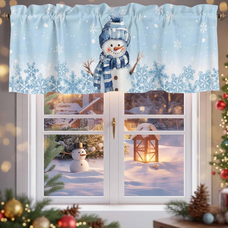 ستائر تزيينية عيد الميلاد بتصميم رجل الثلج ورقاقات الثلج لنوافذ المطبخ، بلون أزرق شتوي، مناسبة لغرف المعيشة والنوم، أبعاد 42x18 بوصة، للديكور المنزلي - Image 5