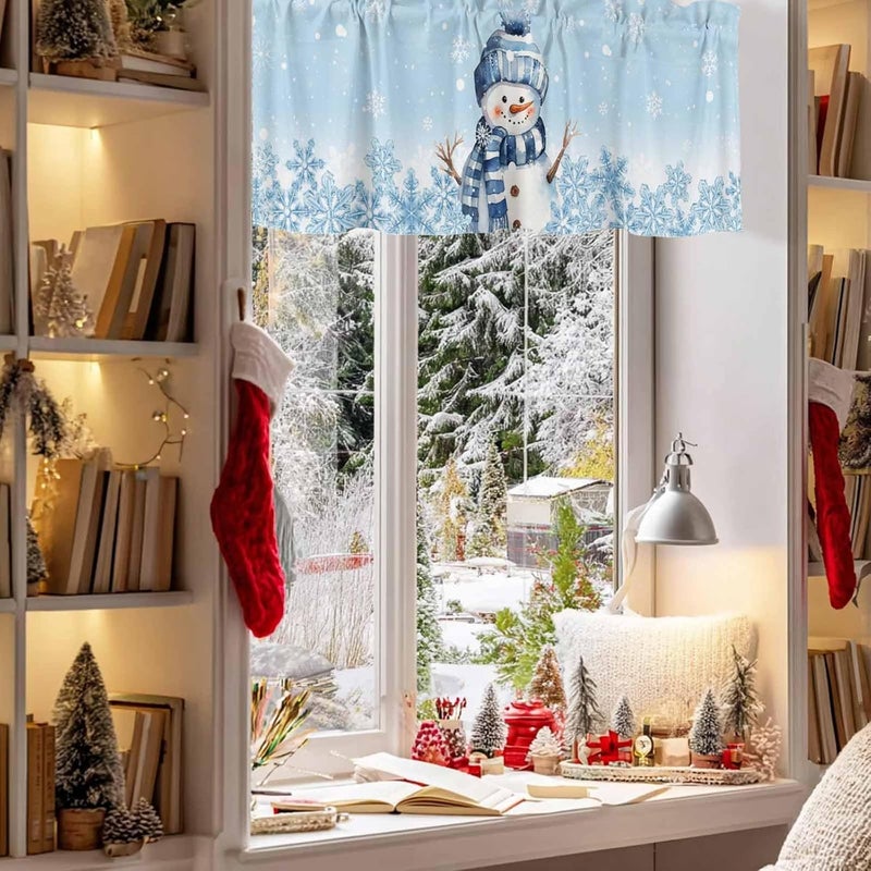 ستائر تزيينية عيد الميلاد بتصميم رجل الثلج ورقاقات الثلج لنوافذ المطبخ، بلون أزرق شتوي، مناسبة لغرف المعيشة والنوم، أبعاد 42x18 بوصة، للديكور المنزلي - Image 3