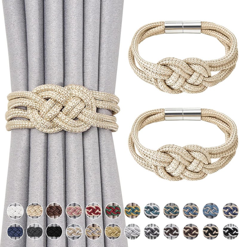 NICEEC 2 Pack Strong Magnetic Curtain Tiebacks Upgrade Nordic Simple Style Drape Tie Backs Double Color Weave Rope Knot Decorative Curtain Holdbacks for Home & Office Window Drapery (Beige) - Image 1