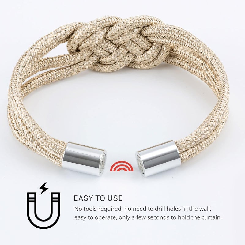 NICEEC 2 Pack Strong Magnetic Curtain Tiebacks Upgrade Nordic Simple Style Drape Tie Backs Double Color Weave Rope Knot Decorative Curtain Holdbacks for Home & Office Window Drapery (Beige) - Image 3