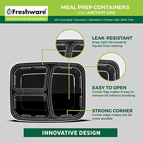 Freshware Meal Prep Containers 21 Count (Pack of 1), 3 Compartment with Lids, Food Storage Containers, Bento Box, Stackable, Microwave/Dishwasher/Freezer Safe (24 oz) - Image 5