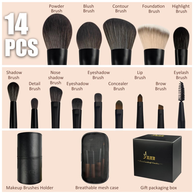 Jilier Travel Makeup Brush Set, 14 pcs Mini Makeup Brushes for Foundation, Powder, Eyeshadow, Highlight, Contour, Blush & Concealer, Small Makeup Brush Set Purse Size with Case - Image 2