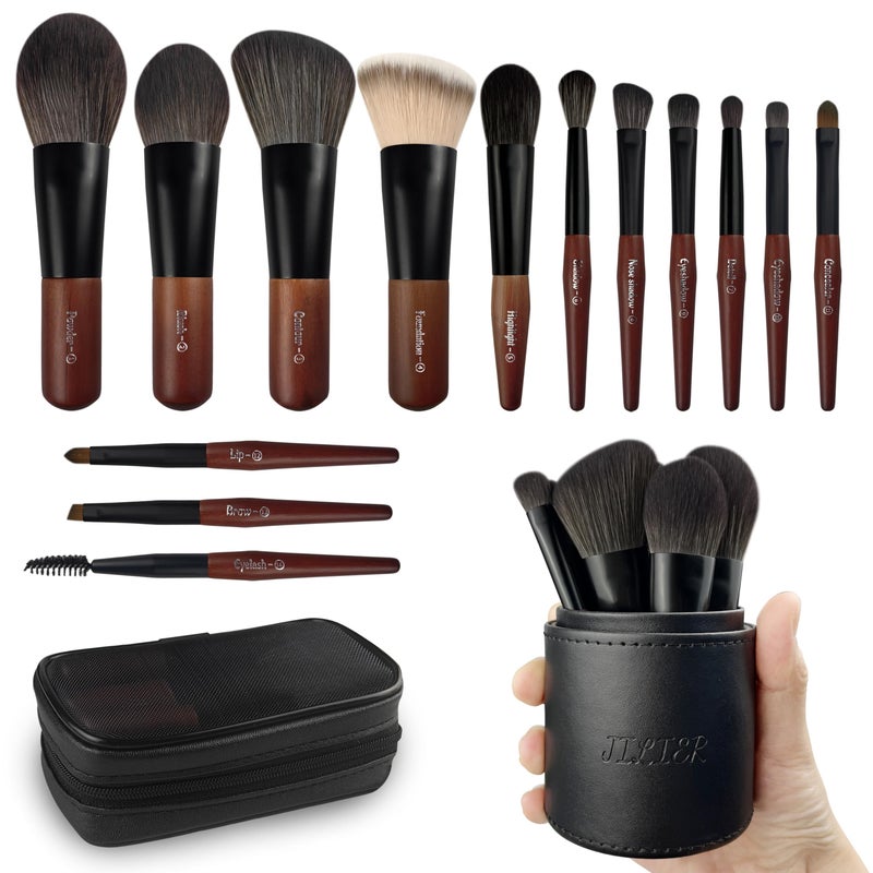 Jilier Travel Makeup Brush Set, 14 pcs Mini Makeup Brushes for Foundation, Powder, Eyeshadow, Highlight, Contour, Blush & Concealer, Small Makeup Brush Set Purse Size with Case - Image 1