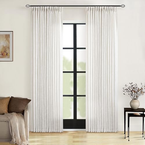 TWODRAPES Neutral Pinch Pleated 86 Inch Curtains Semi Sheer Linen Blended Light Filtering Window Curtains 86 Inches Long for Living Room Bedroom Boho Cream Birch Pinch Pleat Drapes Rings Hooks 2 Panels Set - Image 1