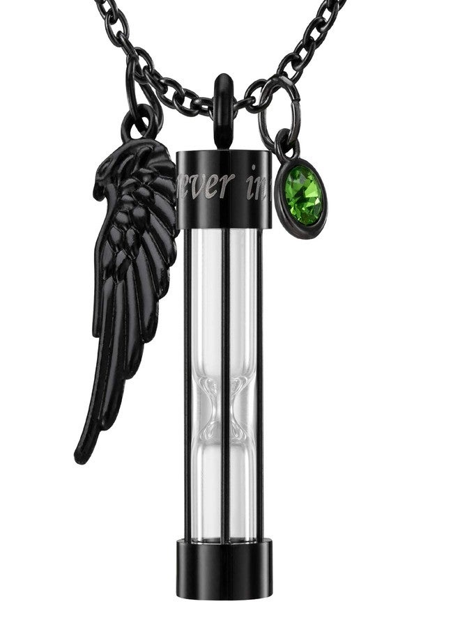 PREKIAR Cremation Urn Necklace for Ashes Time Hourglass Memory Jewelry Pendant Keepsake with Angel Wing and 12 Birthstones Forever In My Heart (Black hourglass) - Image 1