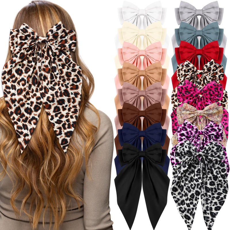 Hoteam 16 Pcs Silky Satin Hair Bows Bulk for Women Large Hair Ribbons Valentines Oversized Bows Galentines Long Tail Large Bow-knot Clips Accessories Gifts(Leopard) - Image 1