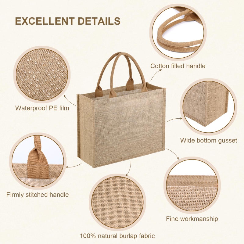butarfe 10 Pack Reusable Jute Tote Bags with Handles, 15.1X11.8X5.5 Inch Large Natural Blank Burlap Tote for Grocery Shopping, Weddings, Travel, Bachelorette Parties & DIY Embroidery Crafts - Image 5
