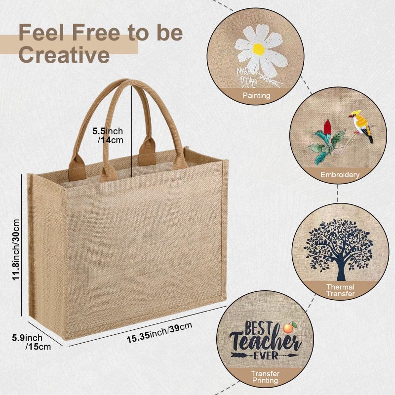 butarfe 10 Pack Reusable Jute Tote Bags with Handles, 15.1X11.8X5.5 Inch Large Natural Blank Burlap Tote for Grocery Shopping, Weddings, Travel, Bachelorette Parties & DIY Embroidery Crafts - Image 4