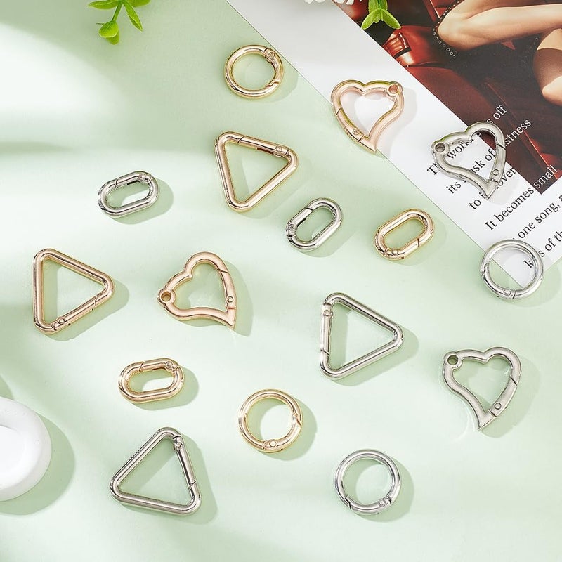 كلاراكو حلقات بوابة زنبركية من سبائك معدنية من كلاركو، 16 قطعة مشبك زنبركي دائري على شكل قلب ومشابك مفاتيح مثلثة الشكل من أجل حقائب ومحافظ يدوية وسلاسل مفاتيح وملحقات - Image 5