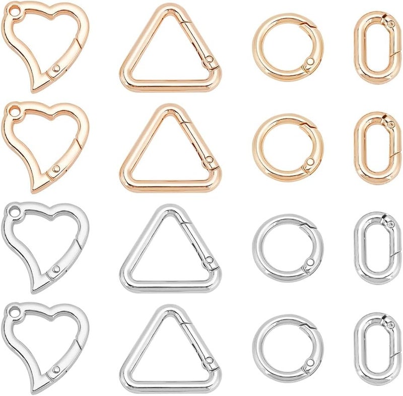 كلاراكو حلقات بوابة زنبركية من سبائك معدنية من كلاركو، 16 قطعة مشبك زنبركي دائري على شكل قلب ومشابك مفاتيح مثلثة الشكل من أجل حقائب ومحافظ يدوية وسلاسل مفاتيح وملحقات - Image 1