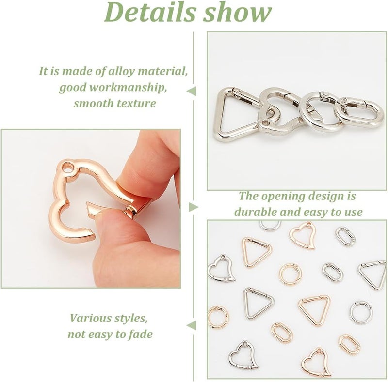 كلاراكو حلقات بوابة زنبركية من سبائك معدنية من كلاركو، 16 قطعة مشبك زنبركي دائري على شكل قلب ومشابك مفاتيح مثلثة الشكل من أجل حقائب ومحافظ يدوية وسلاسل مفاتيح وملحقات - Image 4