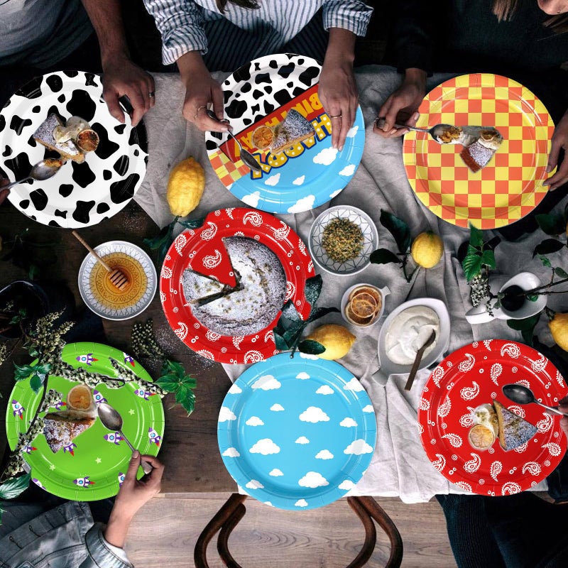 Grencian 60 Pcs Toy Inspire Game Cartoon Story Party Plates 9" 350GSM Cartoon Cowboy Round Paper Plates Disposable Blue Sky Tableware Set for Kids Boys Girls Birthday Party Supplies Baby Shower Decor Favors - Image 5