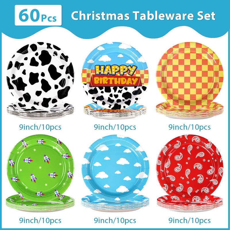 Grencian 60 Pcs Toy Inspire Game Cartoon Story Party Plates 9" 350GSM Cartoon Cowboy Round Paper Plates Disposable Blue Sky Tableware Set for Kids Boys Girls Birthday Party Supplies Baby Shower Decor Favors - Image 2