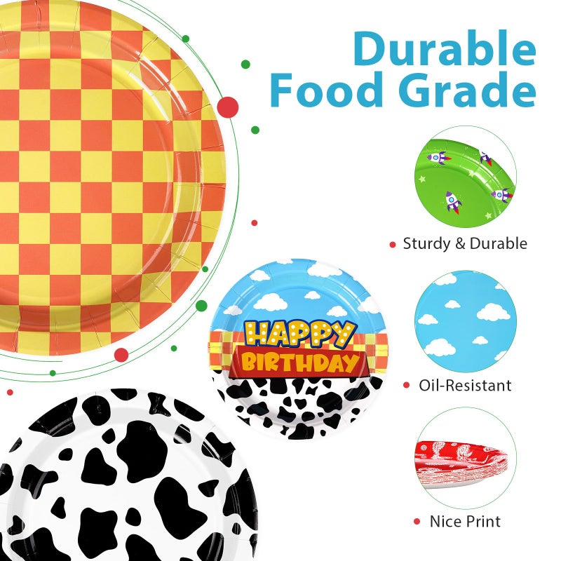 Grencian 60 Pcs Toy Inspire Game Cartoon Story Party Plates 9" 350GSM Cartoon Cowboy Round Paper Plates Disposable Blue Sky Tableware Set for Kids Boys Girls Birthday Party Supplies Baby Shower Decor Favors - Image 3