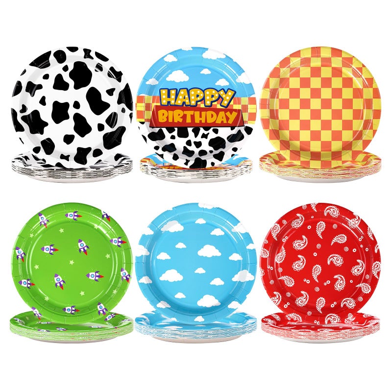 Grencian 60 Pcs Toy Inspire Game Cartoon Story Party Plates 9" 350GSM Cartoon Cowboy Round Paper Plates Disposable Blue Sky Tableware Set for Kids Boys Girls Birthday Party Supplies Baby Shower Decor Favors - Image 1