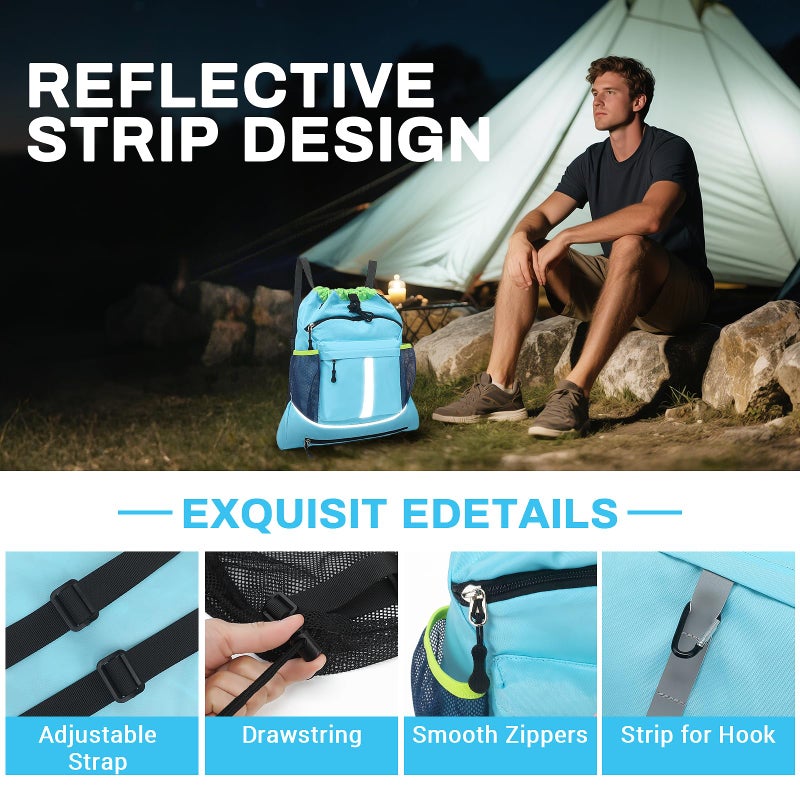 ASKSKY Drawstring Backpack, Waterproof Sandproof Beach Backpack for Sport Gear Small Gym Bag with Hidden Ball Net Pocket and Seperated Wet Pocket Draw String Back Bag for Women Men, Blue - Image 3