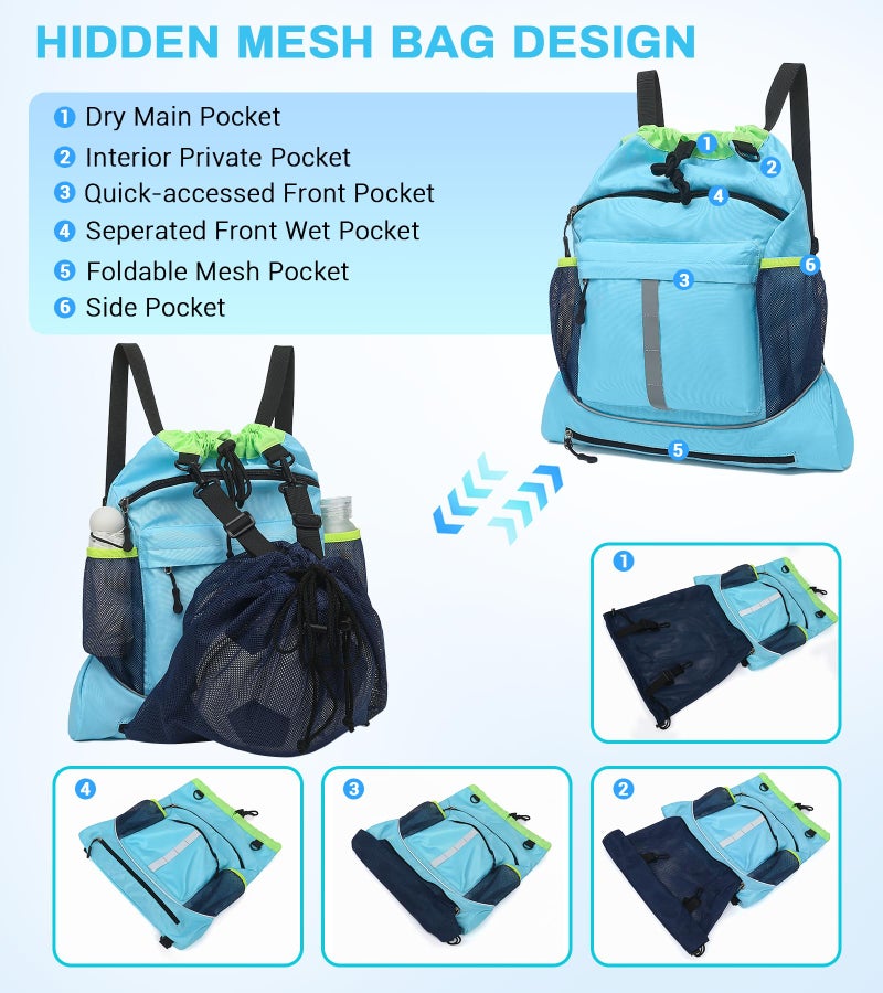 ASKSKY Drawstring Backpack, Waterproof Sandproof Beach Backpack for Sport Gear Small Gym Bag with Hidden Ball Net Pocket and Seperated Wet Pocket Draw String Back Bag for Women Men, Blue - Image 4