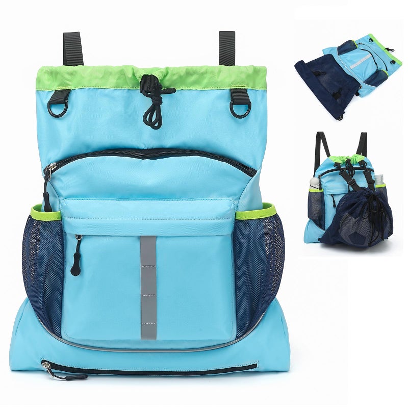 ASKSKY Drawstring Backpack, Waterproof Sandproof Beach Backpack for Sport Gear Small Gym Bag with Hidden Ball Net Pocket and Seperated Wet Pocket Draw String Back Bag for Women Men, Blue - Image 1