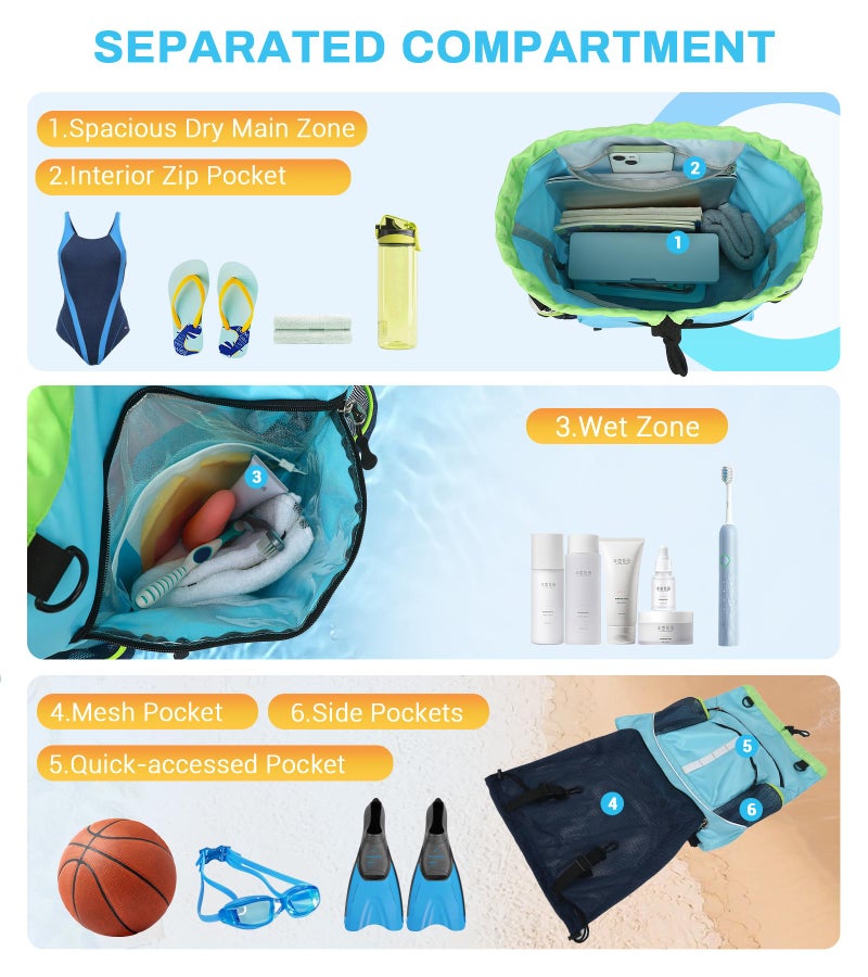 ASKSKY Drawstring Backpack, Waterproof Sandproof Beach Backpack for Sport Gear Small Gym Bag with Hidden Ball Net Pocket and Seperated Wet Pocket Draw String Back Bag for Women Men, Blue - Image 5
