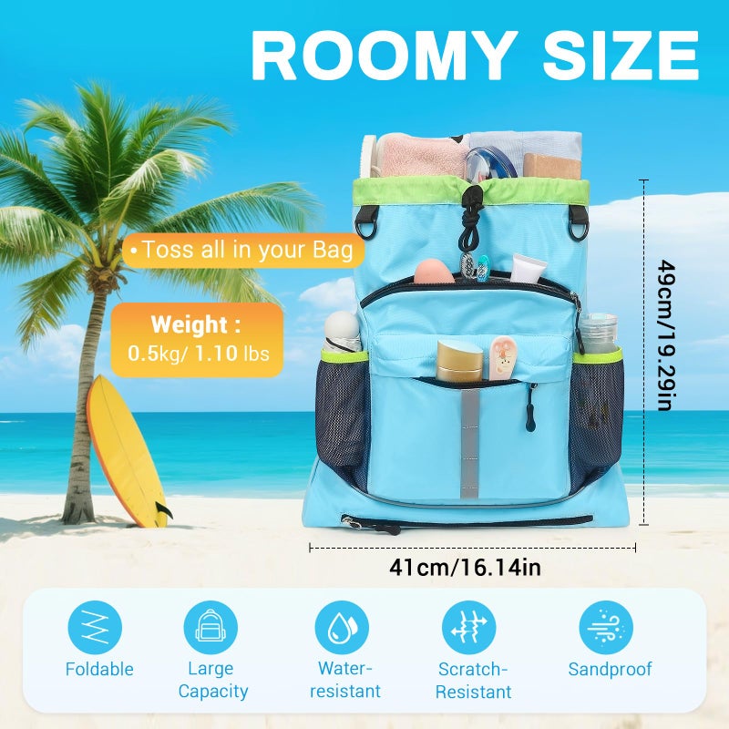 ASKSKY Drawstring Backpack, Waterproof Sandproof Beach Backpack for Sport Gear Small Gym Bag with Hidden Ball Net Pocket and Seperated Wet Pocket Draw String Back Bag for Women Men, Blue - Image 2