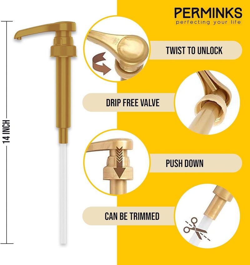 PERMINKS موزع مضخة شراب القهوة 6 عبوات (ذهبي) - متوافق مع زجاجات توراني، دافينشي وشراب سكينى (750 مل 25.4 أونصة) - Image 3