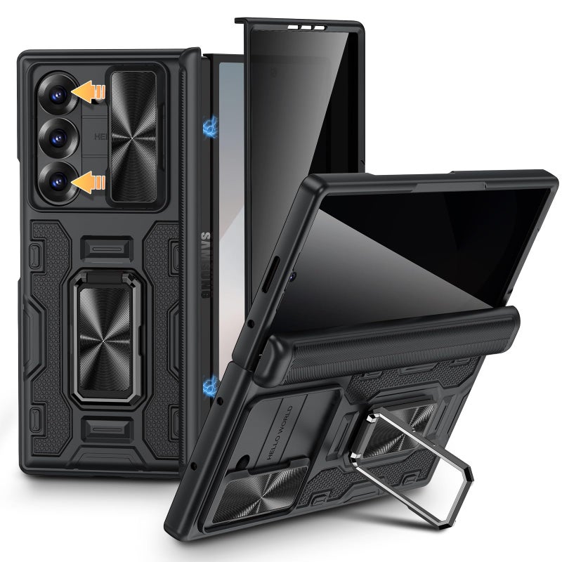 VEGO for Samsung Z Fold 6 Case with Built-in Privacy Screen Protector & Kickstand - Full-Body Hinge Protection & Slide Camera Cover - Shockproof Protective Case for Galaxy Z Fold 6 5G 2024 - Black - Image 1