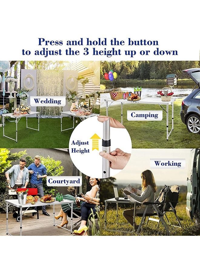 Folding Table, 1.2m Folding Picnic Table, Aluminum Portable Camping Table with Handle, Adjustable Height Plastic Table for Picnic, Party, Bbq, White