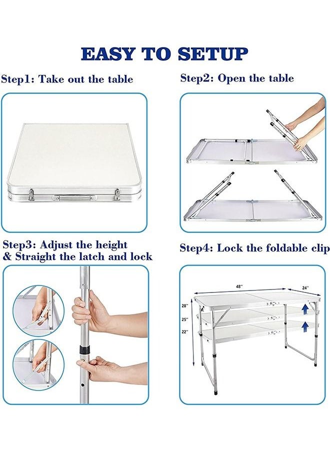 Folding Table, 1.2m Folding Picnic Table, Aluminum Portable Camping Table with Handle, Adjustable Height Plastic Table for Picnic, Party, Bbq, White