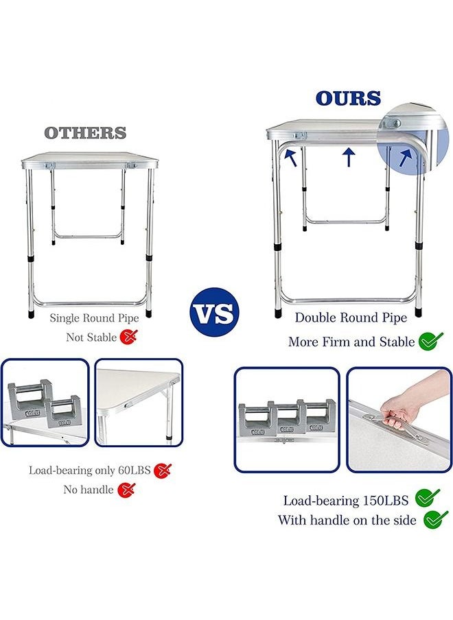 Folding Table, 1.2m Folding Picnic Table, Aluminum Portable Camping Table with Handle, Adjustable Height Plastic Table for Picnic, Party, Bbq, White