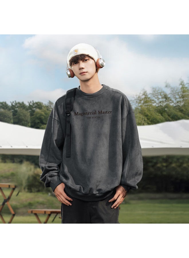 Izexx Heavyweight Suede Fleece Men's Sweatshirt Spring Crewneck Long Sleeve American Casual Loose Fit Zhl52 Dark Gray M - Image 2