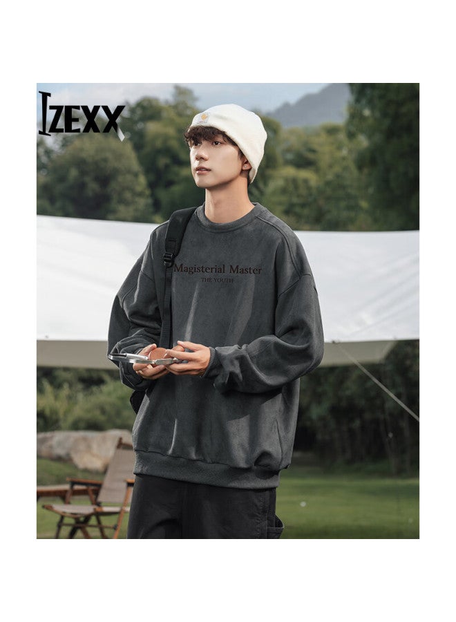 Izexx Heavyweight Suede Fleece Men's Sweatshirt Spring Crewneck Long Sleeve American Casual Loose Fit Zhl52 Dark Gray M - Image 1