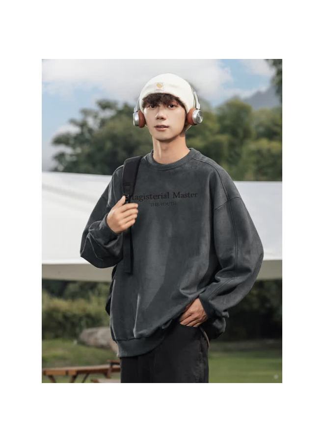 Izexx Heavyweight Suede Fleece Men's Sweatshirt Spring Crewneck Long Sleeve American Casual Loose Fit Zhl52 Dark Gray M - Image 3