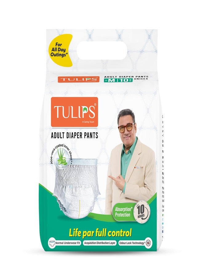 Tulips Adult Diaper Pants Medium Size (M) for Men & Women | 10 Hour Absorption Protection | Leak Proof Disposable Adult Diaper Pants with Wetness Indicator, Odour Control & Aloe Vera | 10 Count