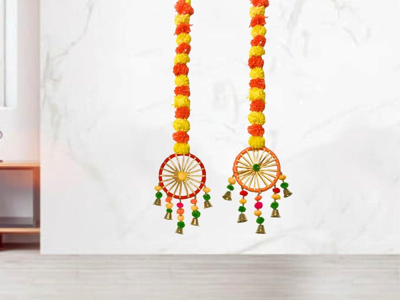 DRYPHON Artificial Marigold Flowers With Pom Pom Ring Bell Hanging Garlands for Home Decoration, Diwali, Wedding, Puja (Pack of 2) - Image 1