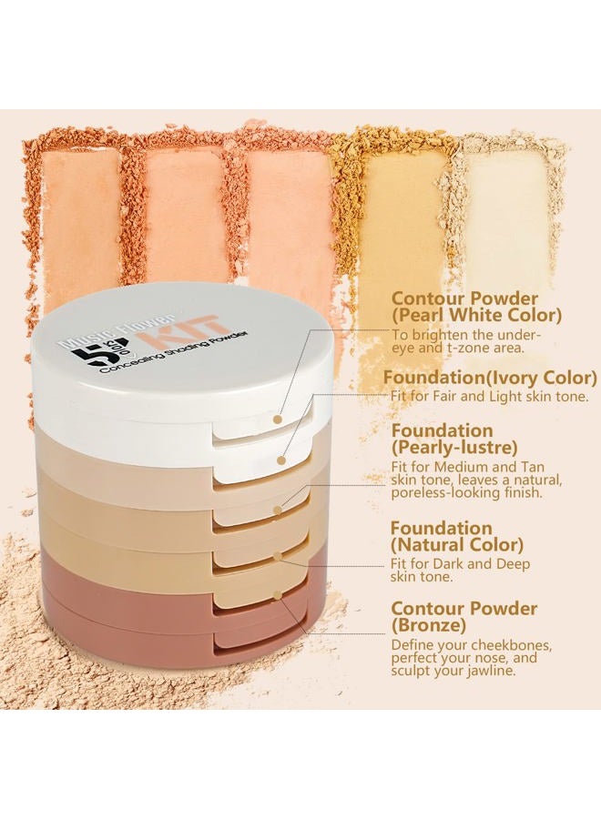 FantasyDay 5 Colors Long-Lasting Lightweight Multi-layer Matte Loose Setting Powder Pressed Face Makeup Concealing Shading Powder Foundation for All Skin Tones, Minimizes Fine Lines & Imperfections - Image 2