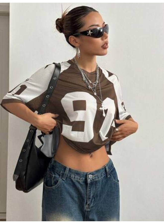 American Style Sports Style Printed Contrasting Short Sleeved T-shirt Loose Top Female Clothing - Image 1