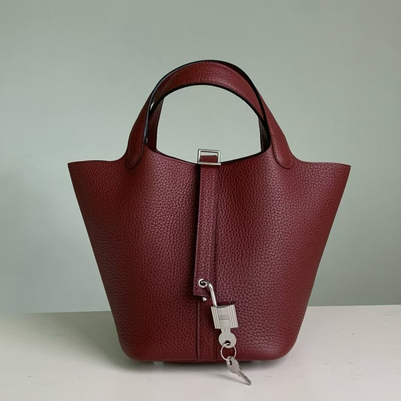 18cm Wax Line Hand Sewed TC Top Layer Cowhide Vegetable Basket Bag Bucket Bag Genuine Leather Womens Bag Handbag Bordeaux wine red 