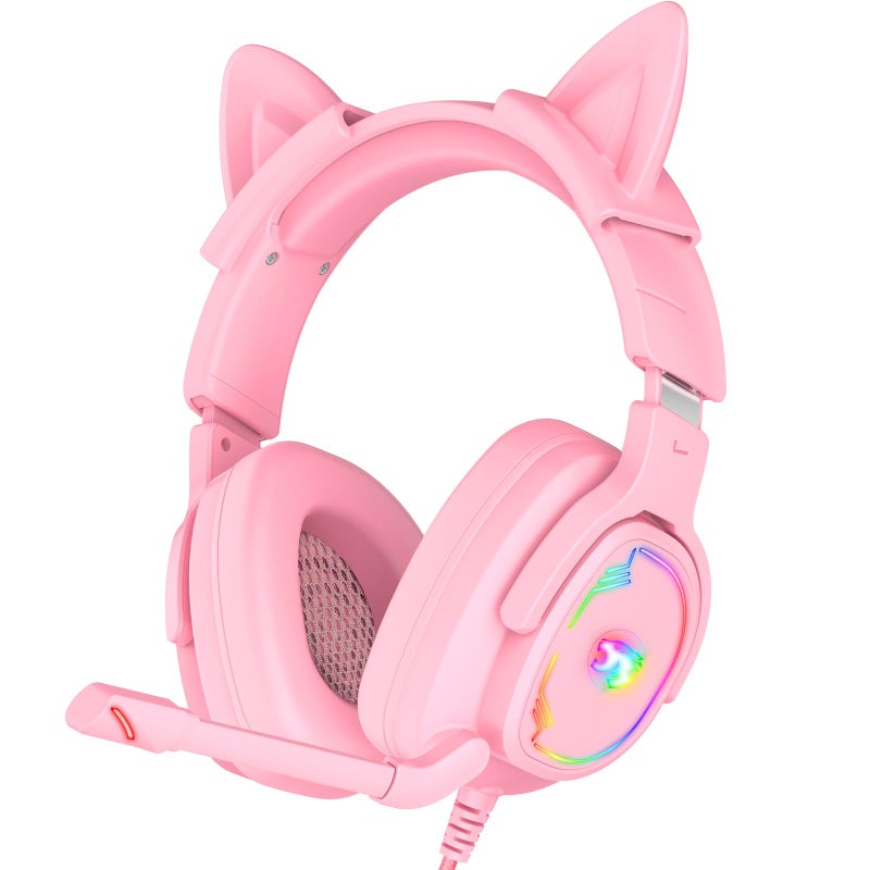 Jimonyer Gaming Headset for PC/PS4/PS5/Xbox One/Switch, Stereo Surround Sound Gaming Headphones with Noise Canceling Flexible Mic, Computer Headset with 3.5mm Jack & RGB Light (PinkCat) - Image 1