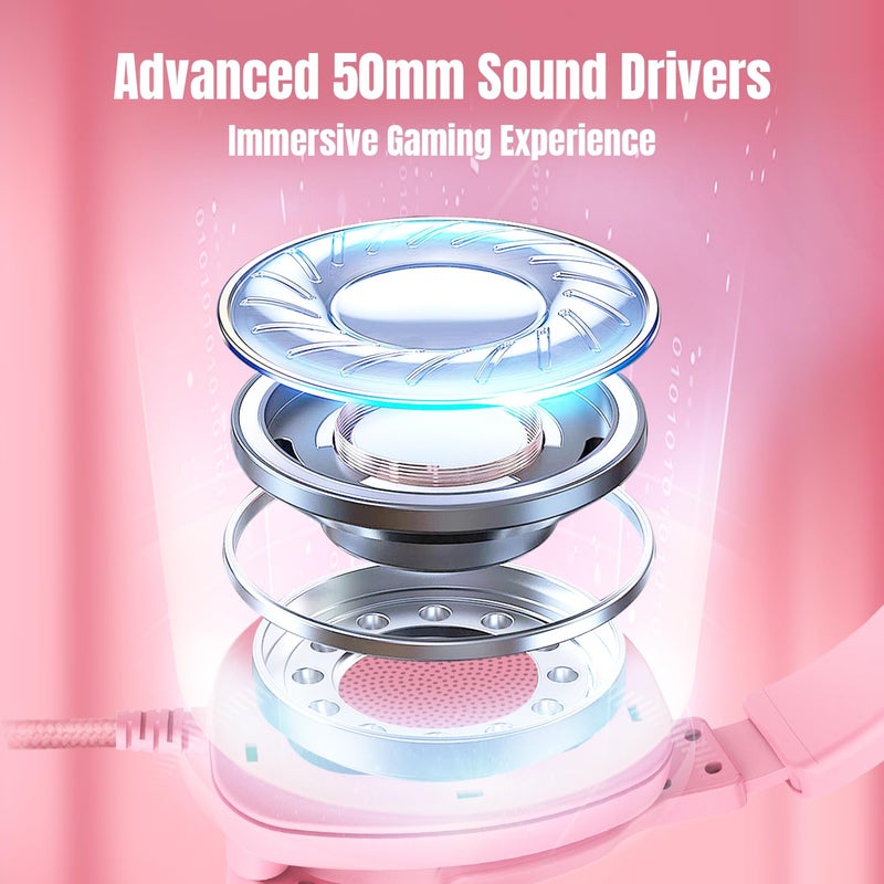 Jimonyer Gaming Headset for PC/PS4/PS5/Xbox One/Switch, Stereo Surround Sound Gaming Headphones with Noise Canceling Flexible Mic, Computer Headset with 3.5mm Jack & RGB Light (PinkCat) - Image 2