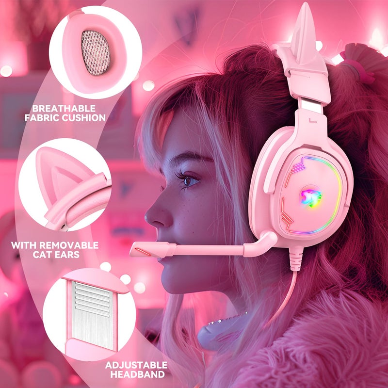 Jimonyer Gaming Headset for PC/PS4/PS5/Xbox One/Switch, Stereo Surround Sound Gaming Headphones with Noise Canceling Flexible Mic, Computer Headset with 3.5mm Jack & RGB Light (PinkCat) - Image 3