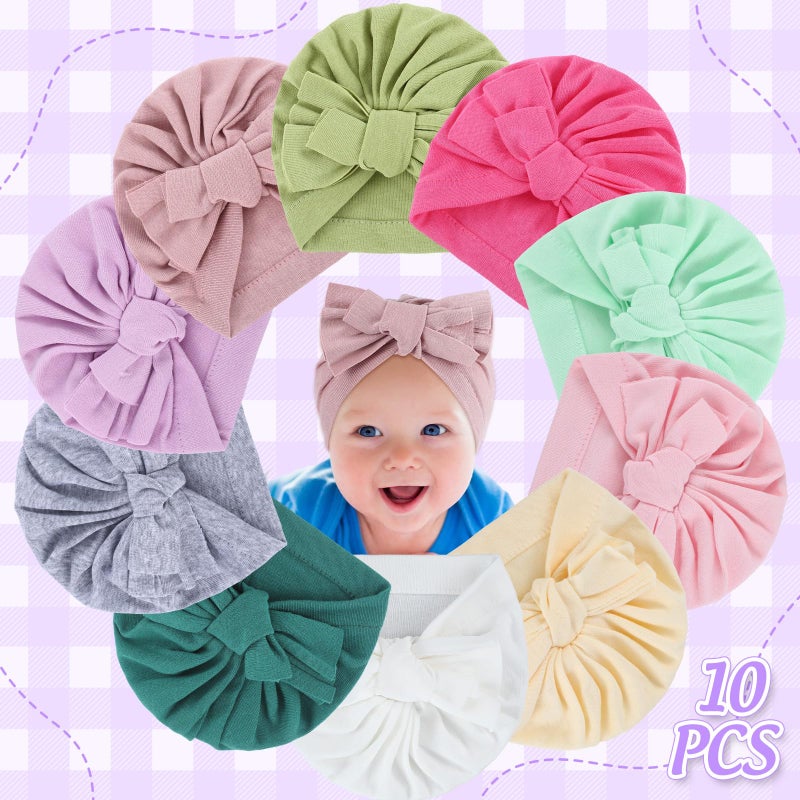 Velmitten 10 Pcs Preemie Hats Cotton Preemie Caps Bows Turban Premature Baby Boys Girls Hospital NICU Hat (Bow Style) - Image 3