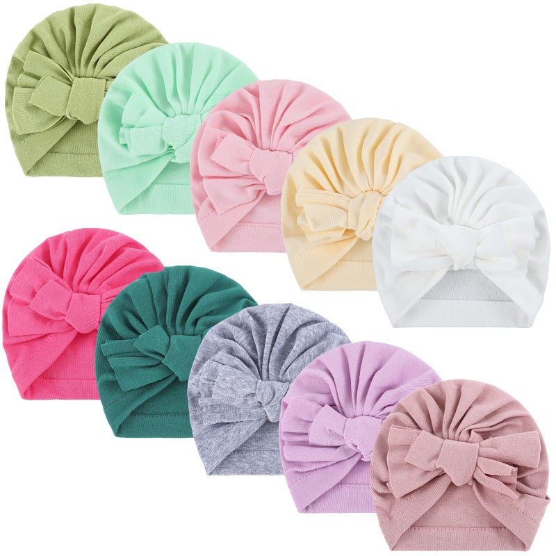 Velmitten 10 Pcs Preemie Hats Cotton Preemie Caps Bows Turban Premature Baby Boys Girls Hospital NICU Hat (Bow Style) - Image 1