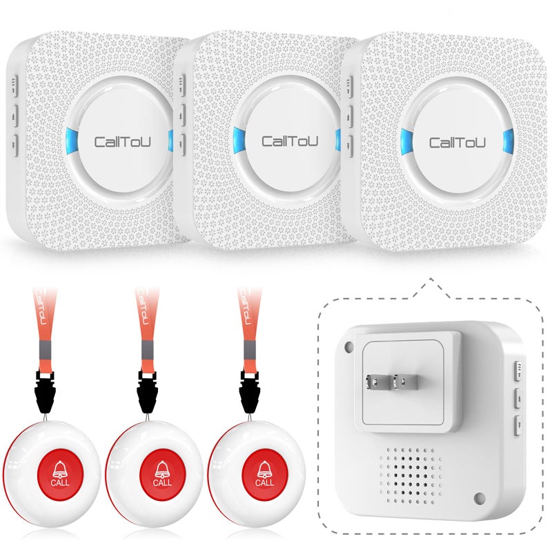 CallToU Caregiver Pager Elderly Alert Call Button for Seniors Smart Patient Call Bell Wireless Emergency Button System Adult Monitors at Home 3 Plugin Receivers 3 Waterproof Portable Transmitters - Image 1