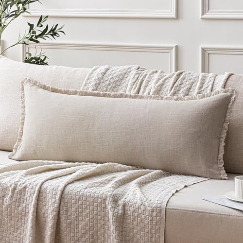 ANRODUO Set of 1 Decorative Throw Pillow Covers 14×36 Inch Soft Linen Fringe Long Farmhouse Boho Vintage Cushion Covers with Tassels Lumbar Pillowcase for Bed Couch Sofa Living Room Natural Beige - Image 1