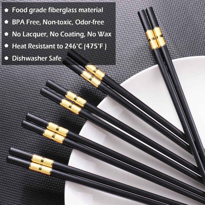 GLAMFIELDS 5 Pairs Premium Chopsticks Reusable Dishwasher Safe 9.5 Inch Fiberglass Chop Sticks Gift Set Non Slip Black+Gold - Image 3