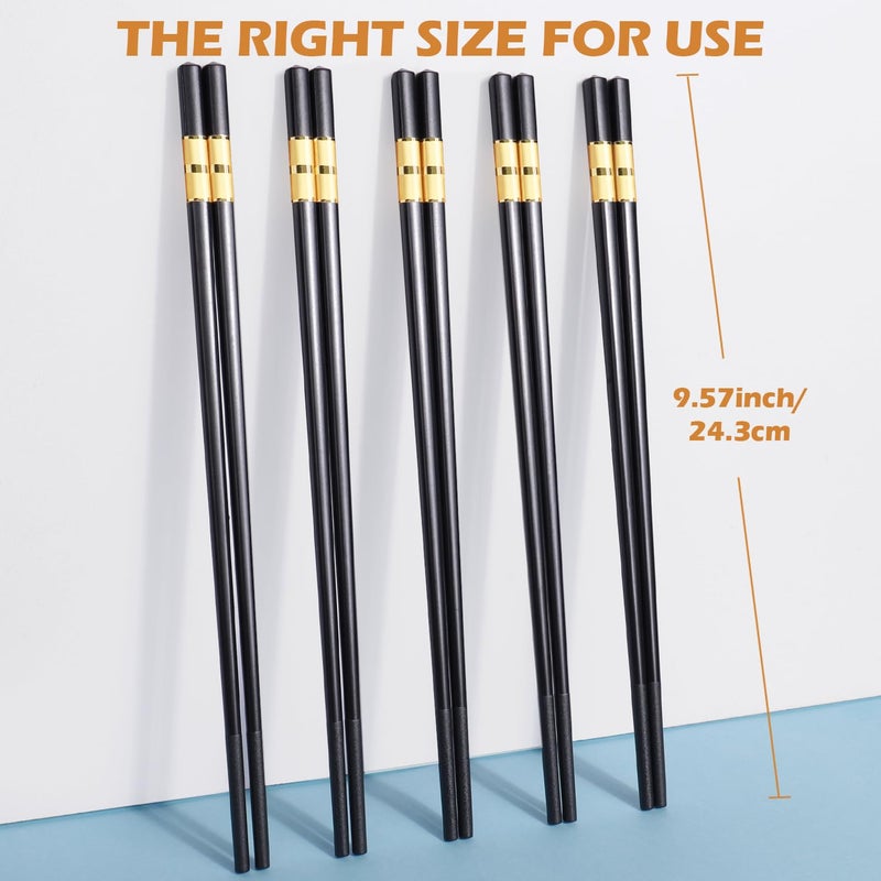 GLAMFIELDS 5 Pairs Premium Chopsticks Reusable Dishwasher Safe 9.5 Inch Fiberglass Chop Sticks Gift Set Non Slip Black+Gold - Image 2